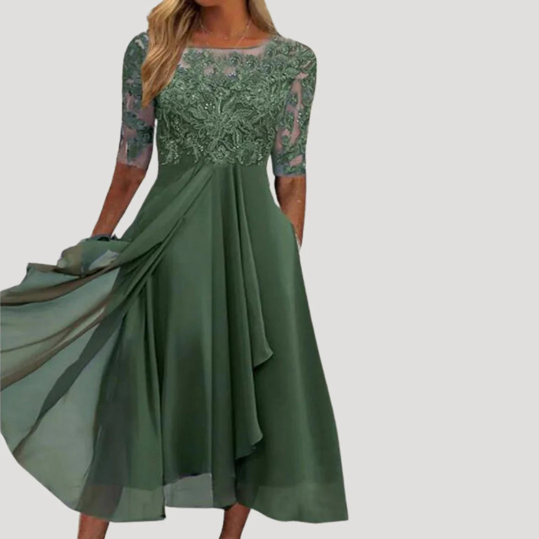 Lieke | Dames Midi Jurk met Kanten Bovenstuk Groen