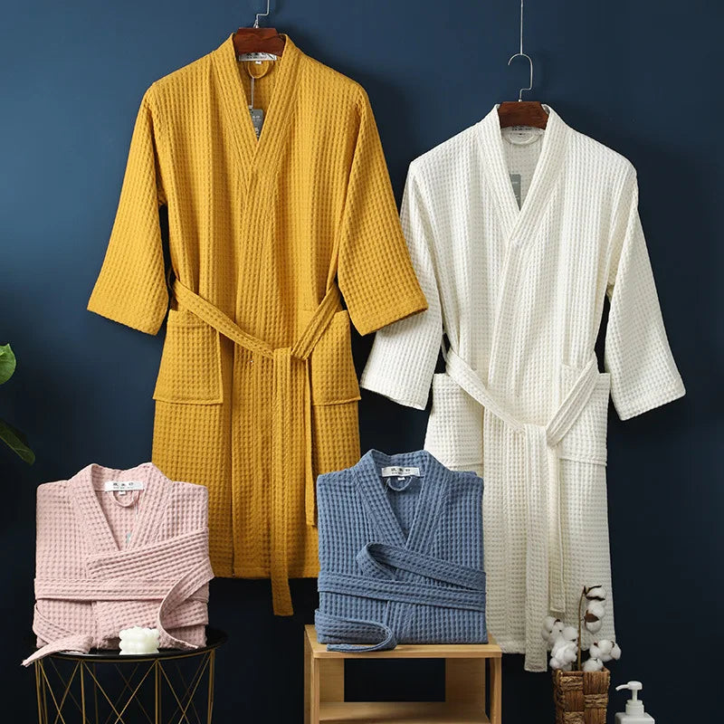 Dames wafelstof badjas met kimono kraag en ceintuur in geel, wit, roze en blauw