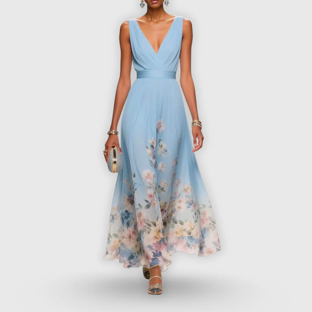 Luchtige bloemen V-hals maxi jurk met verlopende bloemprint in helder blauw en pasteltinten voor zomerse gelegenheden