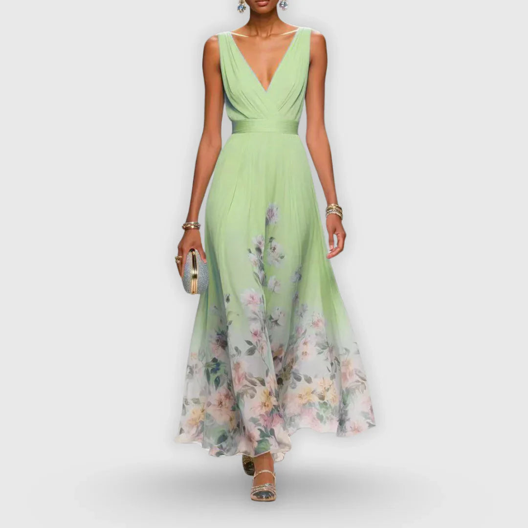 Lisa | Bloemen V-Hals Maxi Jurk Muntgroen