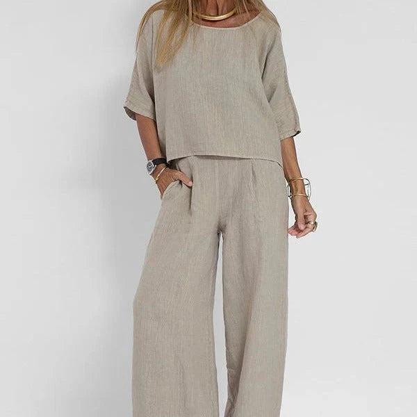 Lisa | Dames Tweedelige Set Oversized Top Wijde Broek Lichtgrijs