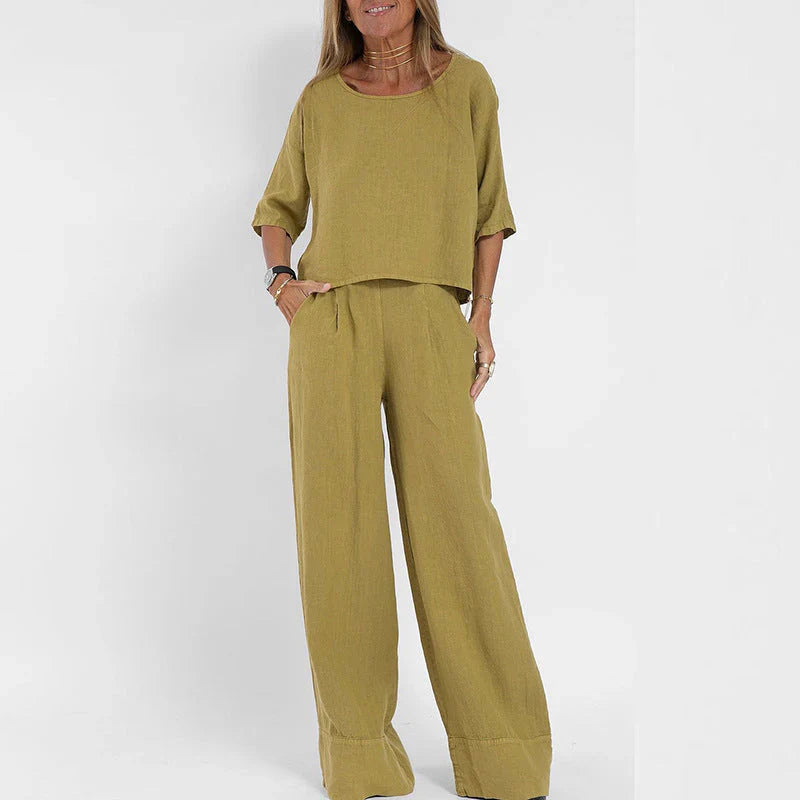 Lisa | Dames Tweedelige Set Oversized Top Wijde Broek Geel