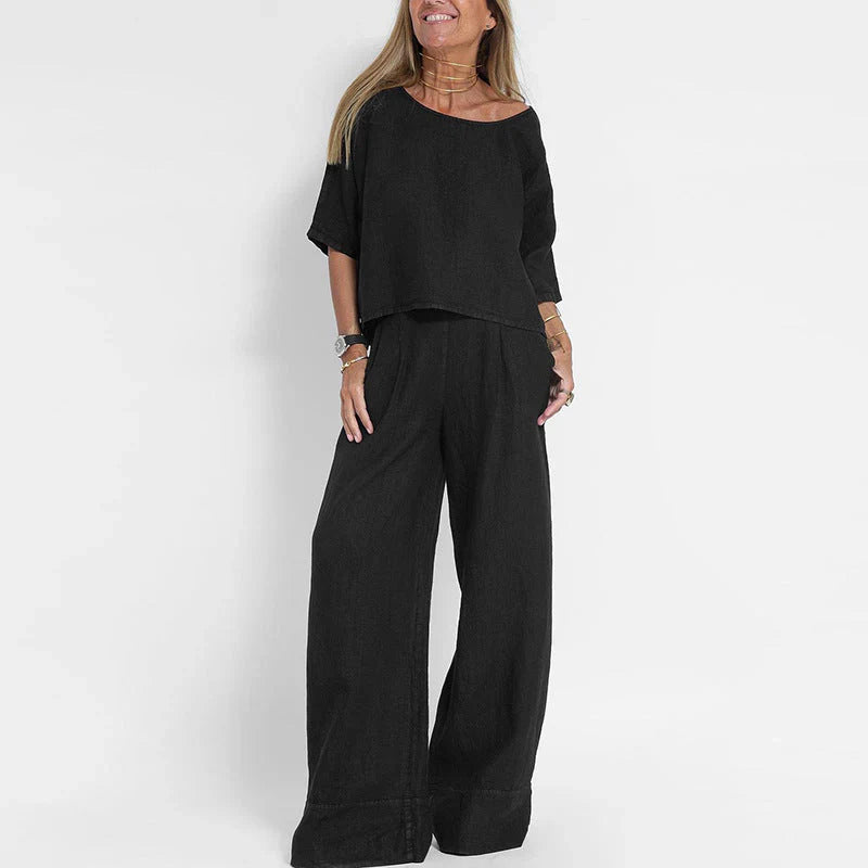 Lisa | Dames Tweedelige Set Oversized Top Wijde Broek Zwart