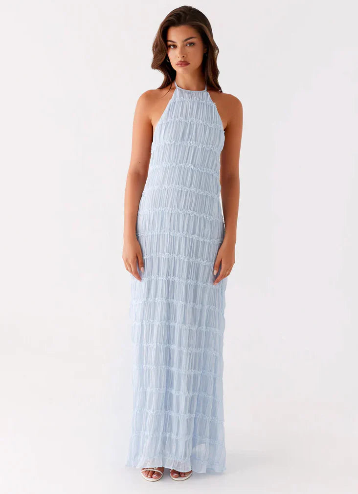Lisa | Halter Maxi Jurk Met Franjes Blauw