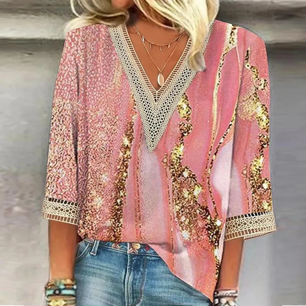 Liv | Dames Blouse Met V-Hals En Print Roze
