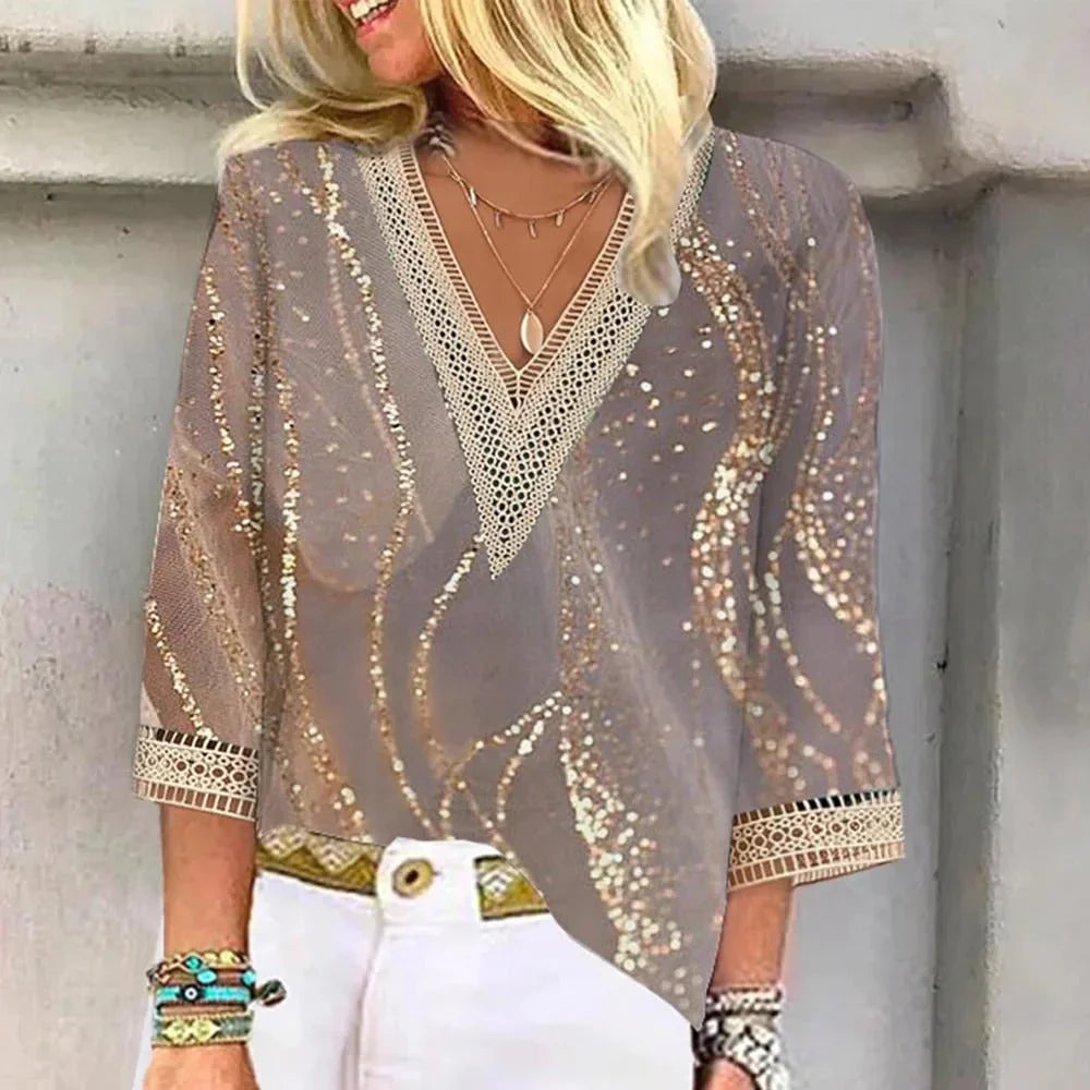 Liv | Dames Blouse Met V-Hals En Print Goud