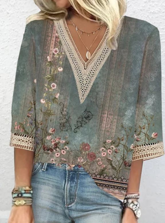 Liv | Dames Blouse Met V-Hals En Print Groen