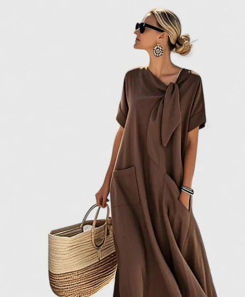 Liv | Dames Midi Jurk met Strikhals en Zakken Bruin