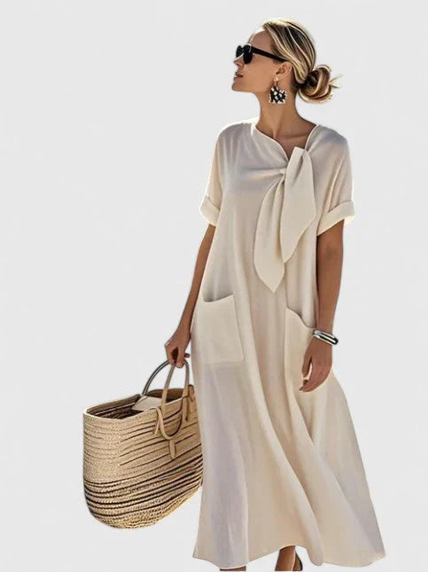 Liv | Dames Midi Jurk met Strikhals en Zakken Beige