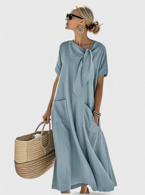 Liv | Dames Midi Jurk met Strikhals en Zakken Blauw