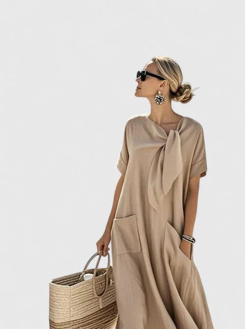 Liv | Dames Midi Jurk met Strikhals en Zakken Khaki