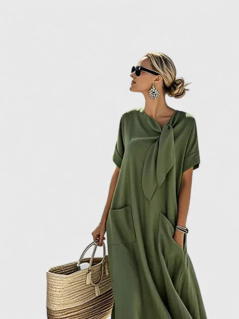 Liv | Dames Midi Jurk met Strikhals en Zakken Legergroen