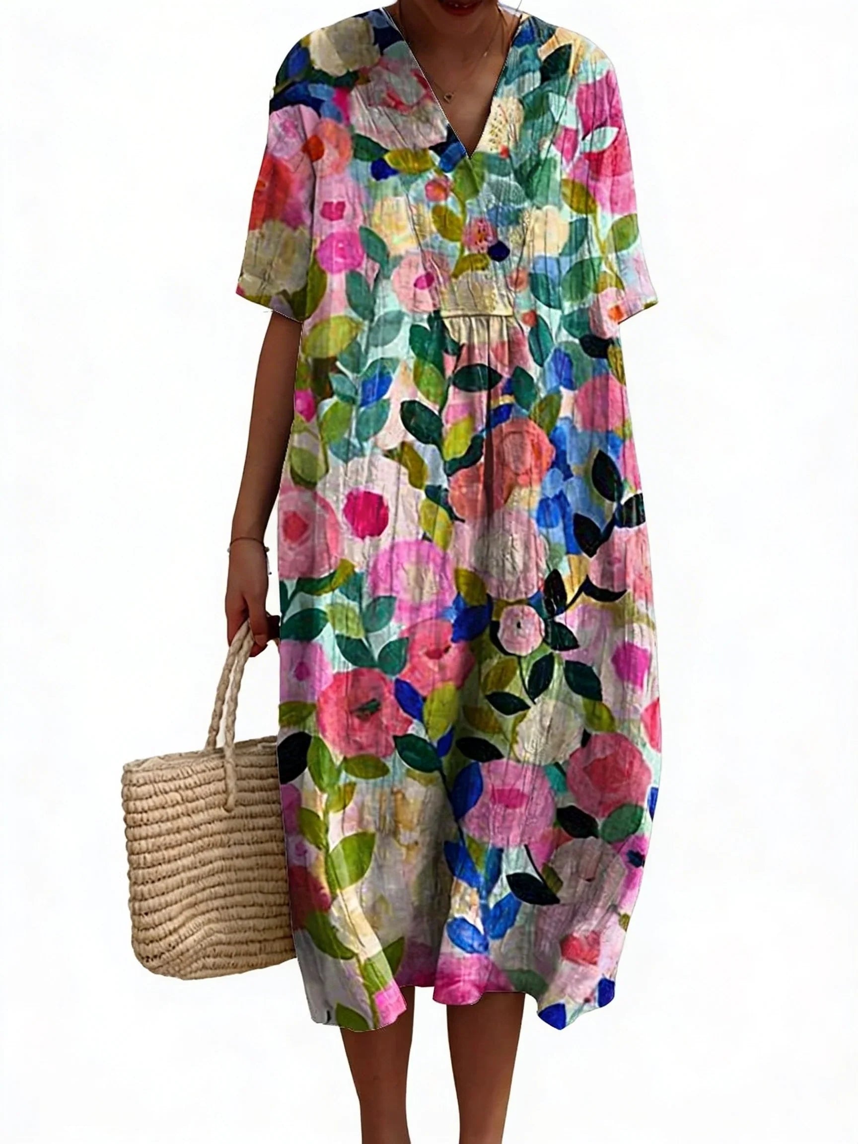 Liv | Dames Midi Jurk met V-hals Bloemenprint