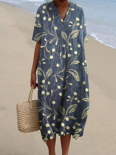 Liv | Dames Midi Jurk met V-hals Bloemenprint Wit Gele Bloemetjes