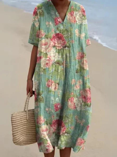Liv | Dames Midi Jurk met V-hals Bloemenprint Donkerblauw Bloemenprint