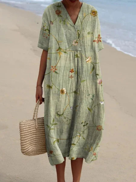 Liv | Dames Midi Jurk met V-hals Bloemenprint