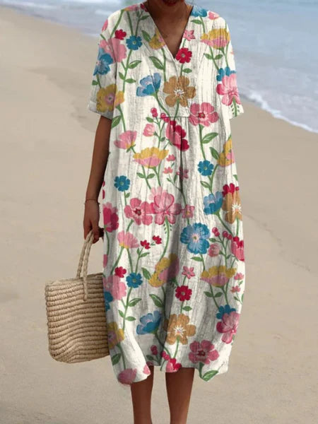 Liv | Dames Midi Jurk met V-hals Bloemenprint Wit Botanische Print