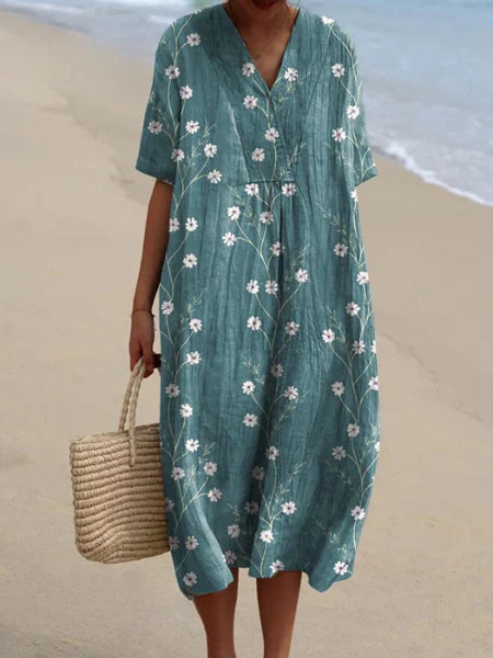 Liv | Dames Midi Jurk met V-hals Bloemenprint