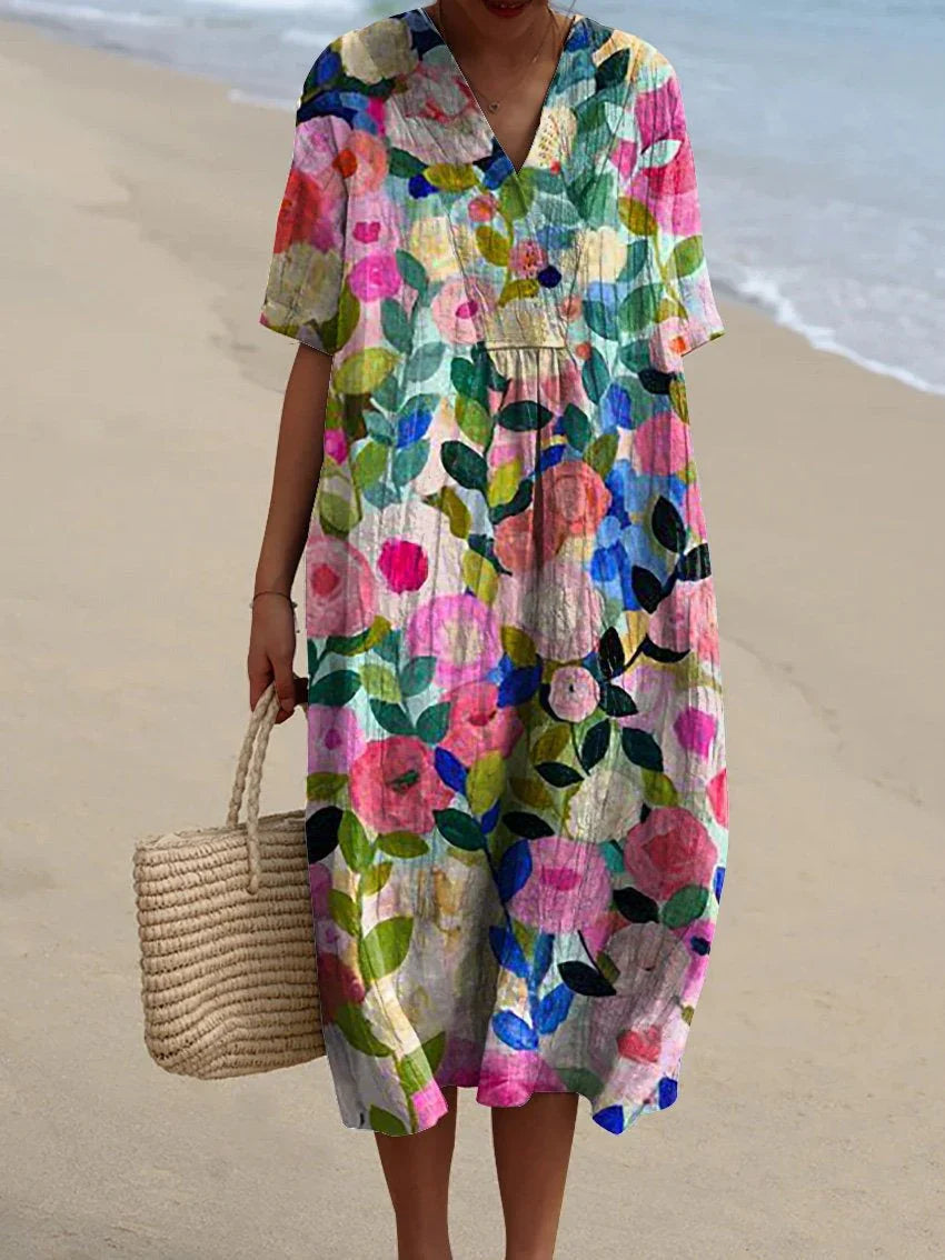 Liv | Dames Midi Jurk met V-hals Bloemenprint Multicolor Bloemenprint