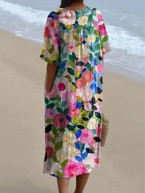 Liv | Dames Midi Jurk met V-hals Bloemenprint
