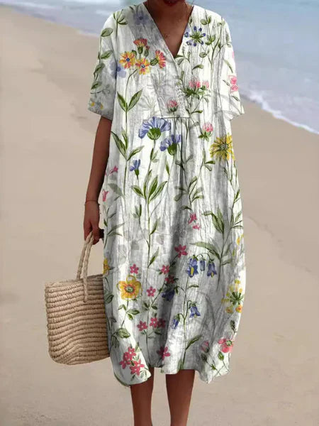Liv | Dames Midi Jurk met V-hals Bloemenprint Wit Veldbloemen