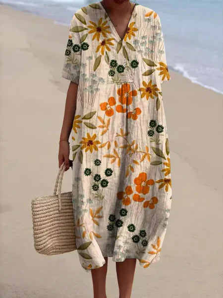 Liv | Dames Midi Jurk met V-hals Bloemenprint Wit Oranje Bloemen