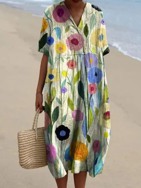 Liv | Dames Midi Jurk met V-hals Bloemenprint Crème Kleurrijke Bloemen