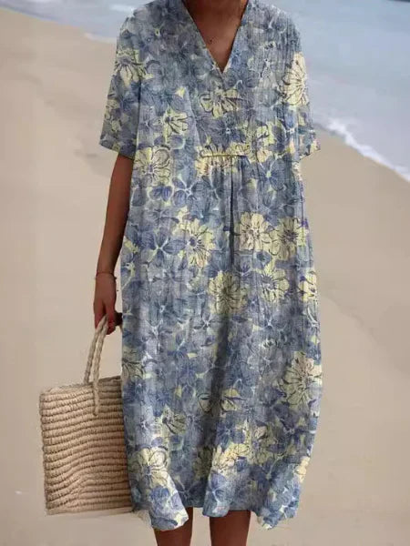 Liv | Dames Midi Jurk met V-hals Bloemenprint Blauw Gouden Bloemen
