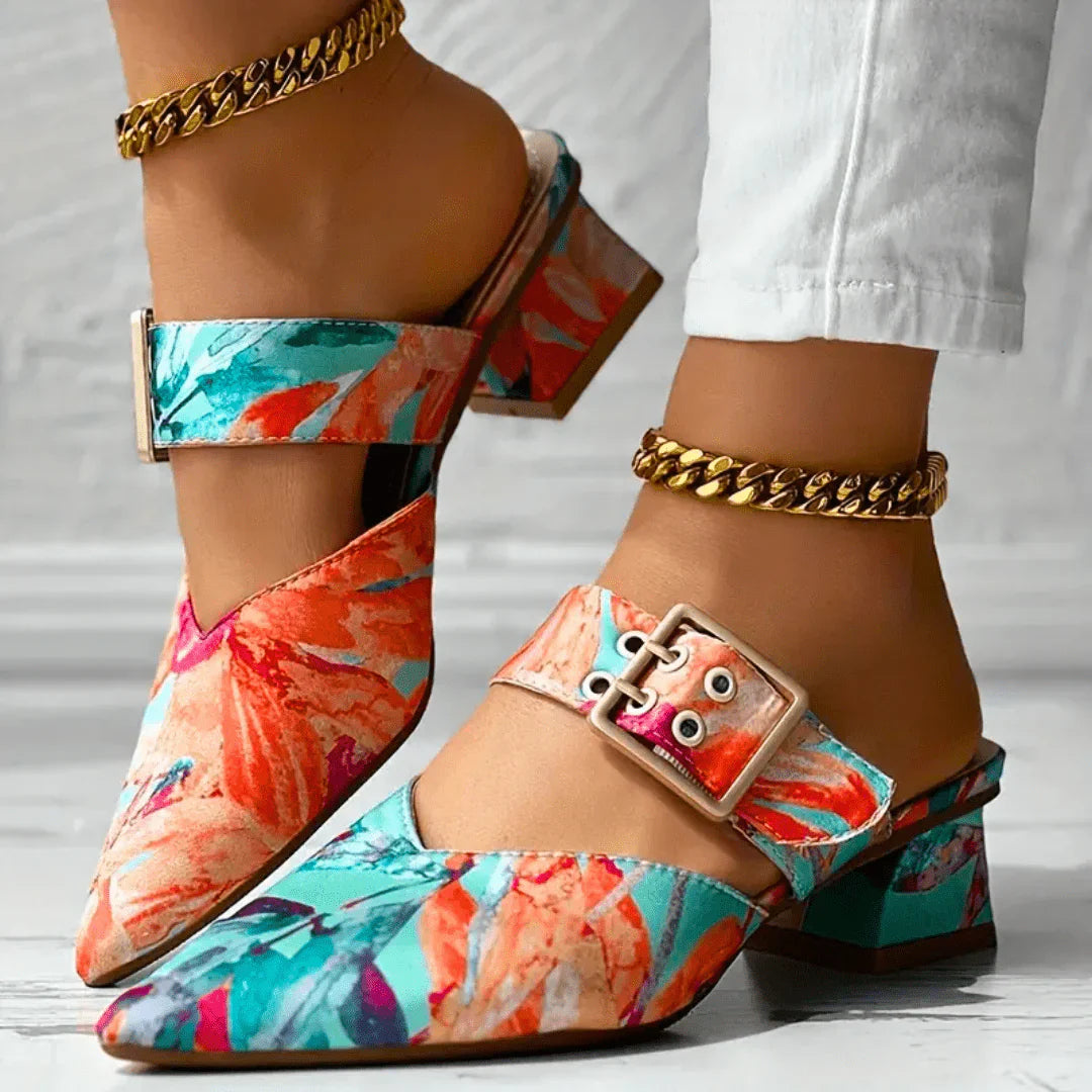 Liv | Dames Pumps Bloemenprint Enkelbandje Blokhak
