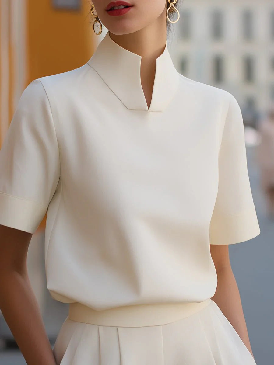 Liv | Dames Staande Kraag Gestructureerde Korte Mouwen Blouse
