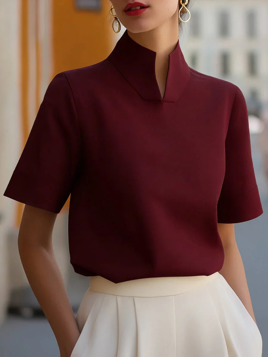 Liv | Dames Staande Kraag Gestructureerde Korte Mouwen Blouse Bourgondië