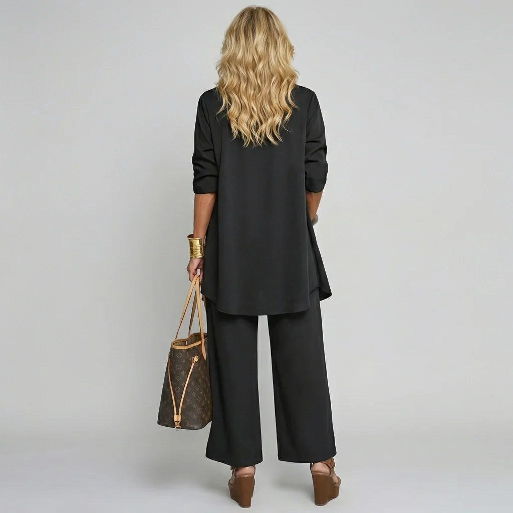 Dames broekpak set met open vest en comfortabele wijde broek voor veelzijdige styling