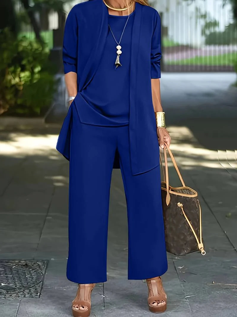 Driedelige dames outfit in zwart met lang vest en comfortabele wijde broek