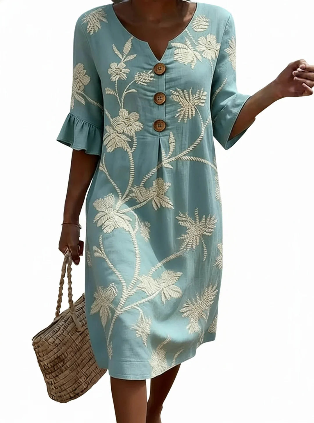 Midi jurk met bloemenprint in mintgroen met V-hals, knoopsluiting en driekwart mouwen met ruches manchet