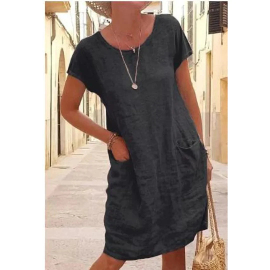 Loes | Dames Casual Jurk met Zakken, Knielengte Zwart