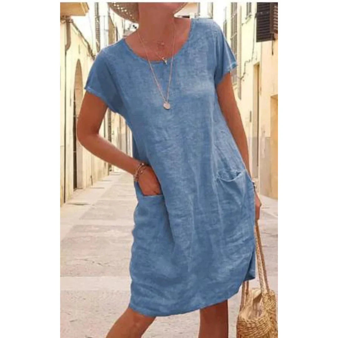 Loes | Dames Casual Jurk met Zakken, Knielengte Blauw