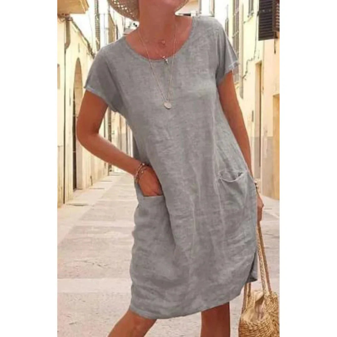 Loes | Dames Casual Jurk met Zakken, Knielengte Grijs