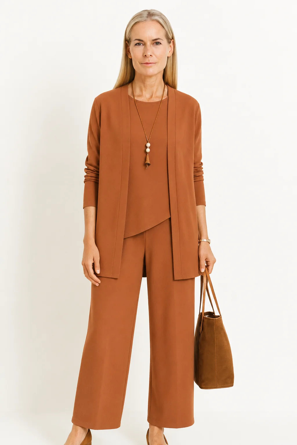Dames casual set met lang vest en wijde broek in zachte stretch stof