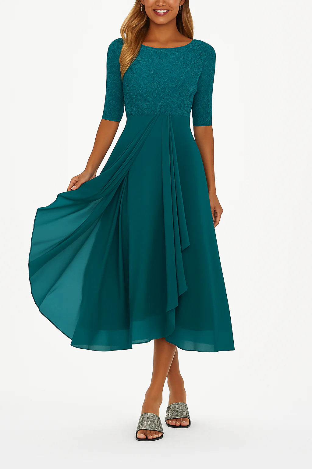 Achterkant midi jurk met kanten details en soepel vallende rok tot knielengte