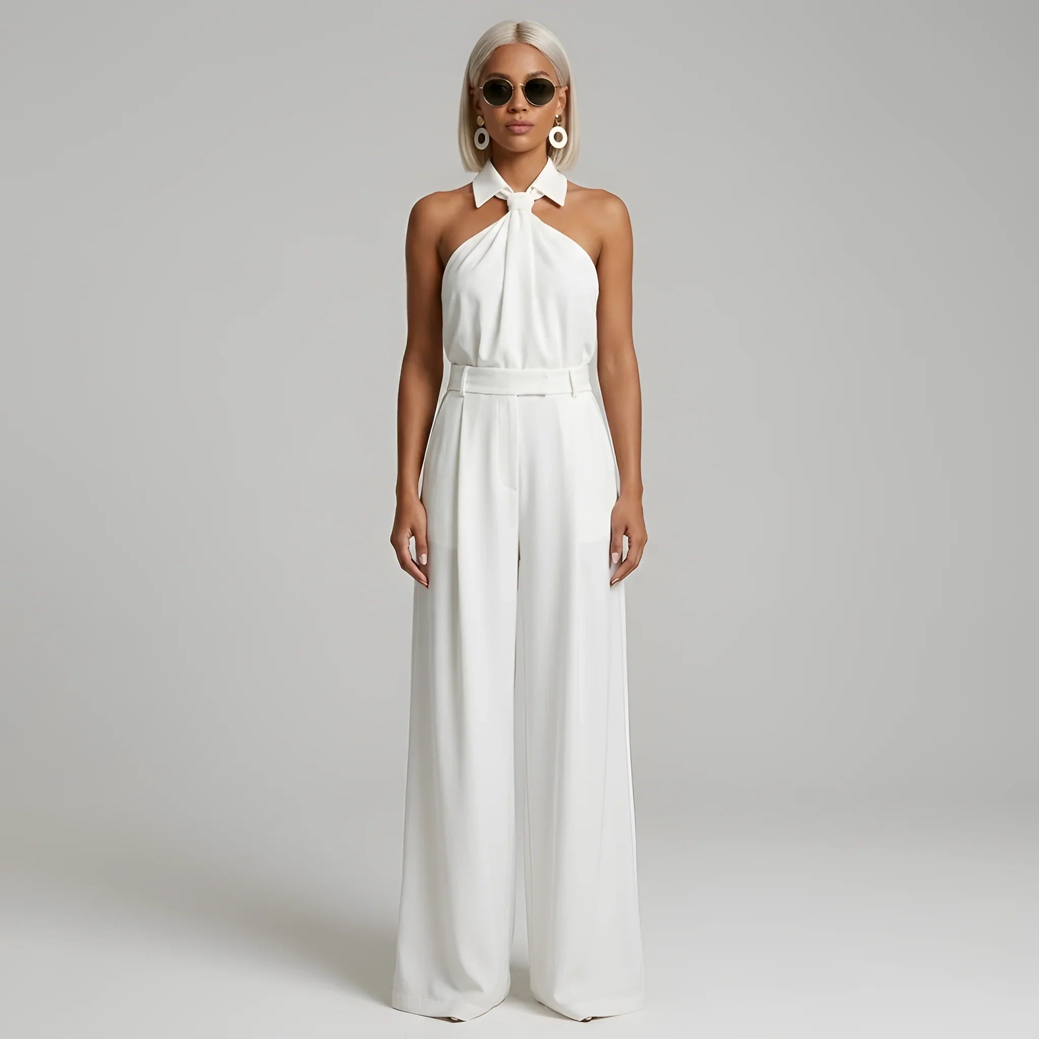 Lotje | Jumpsuit met Halternek en Wijde Pijpen Wit