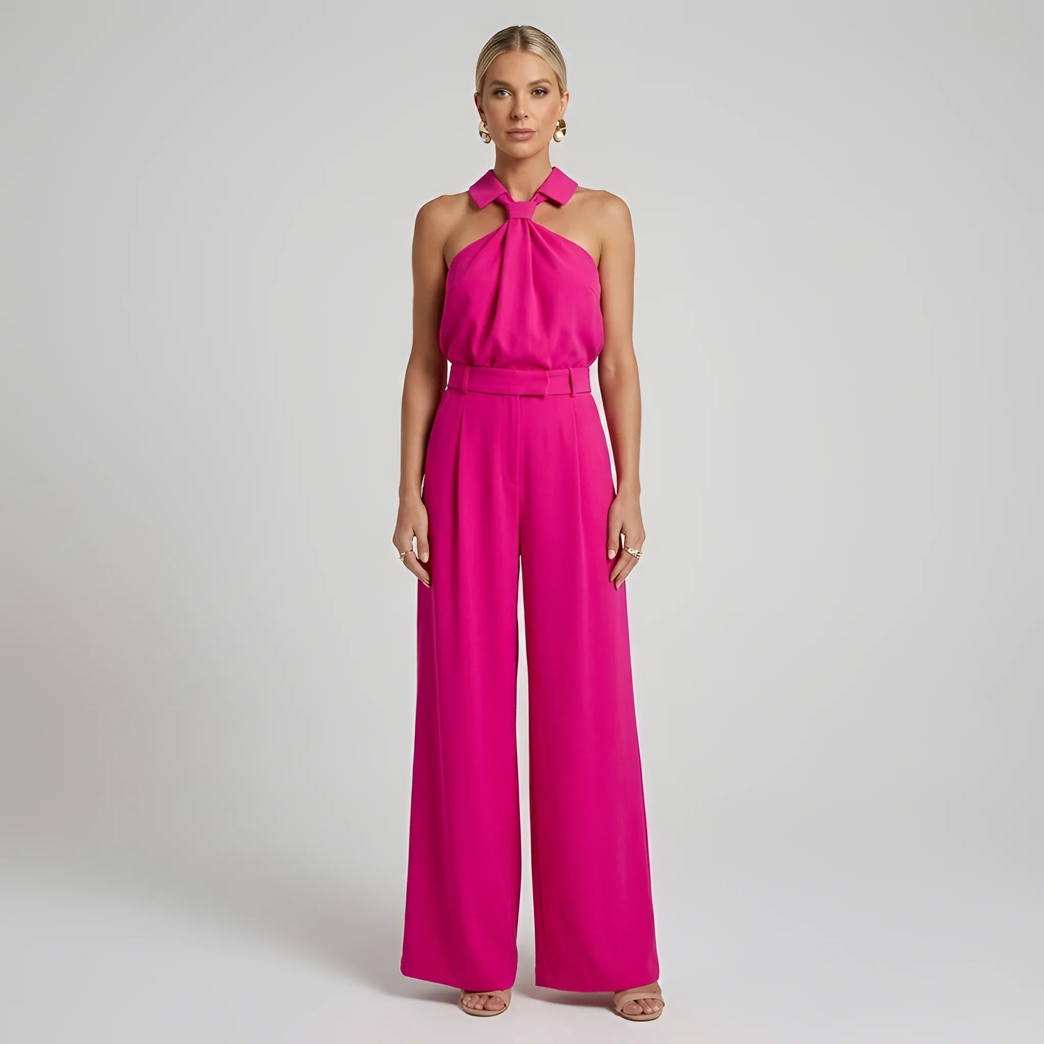 Lotje | Jumpsuit met Halternek en Wijde Pijpen Roze