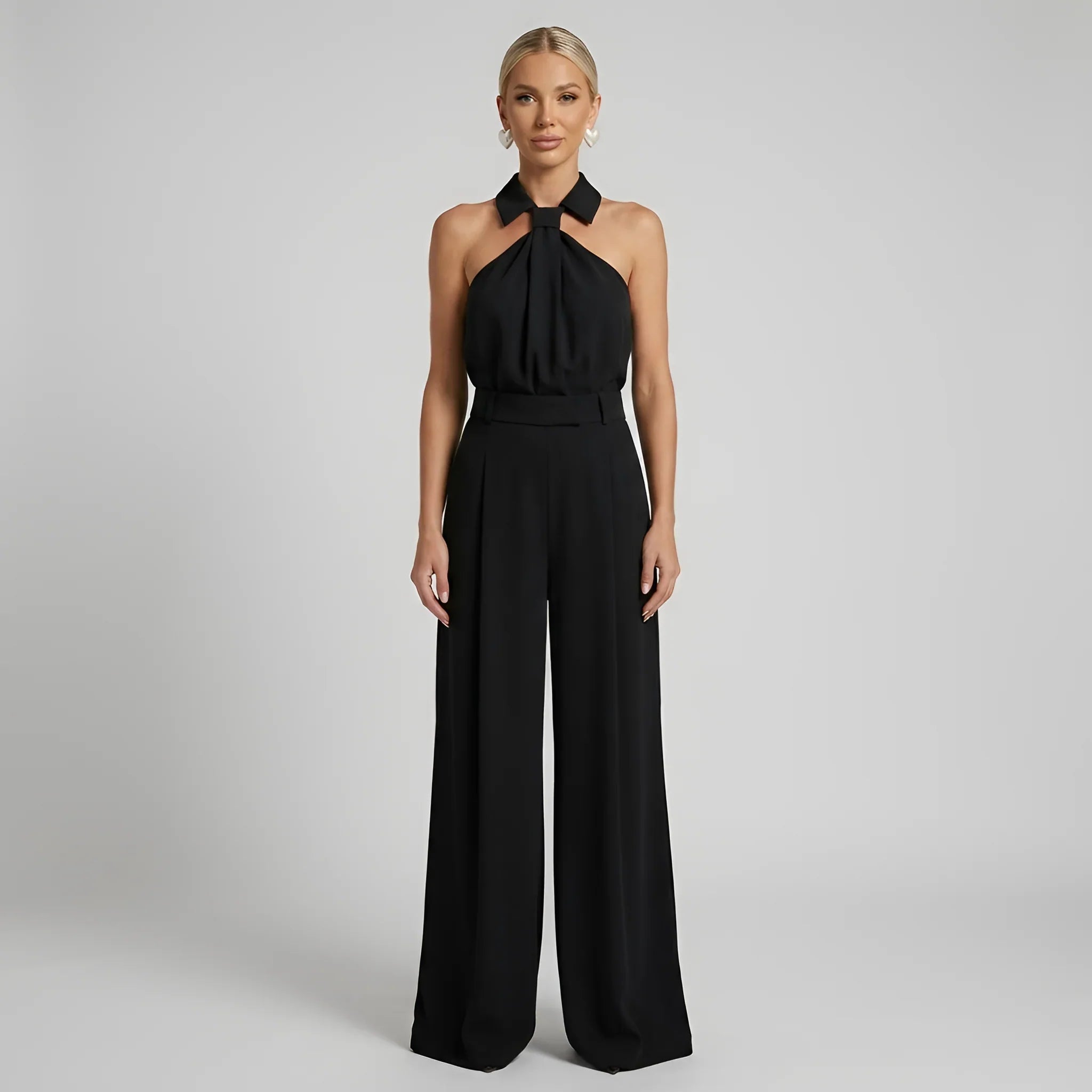 Lotje | Jumpsuit met Halternek en Wijde Pijpen Zwart