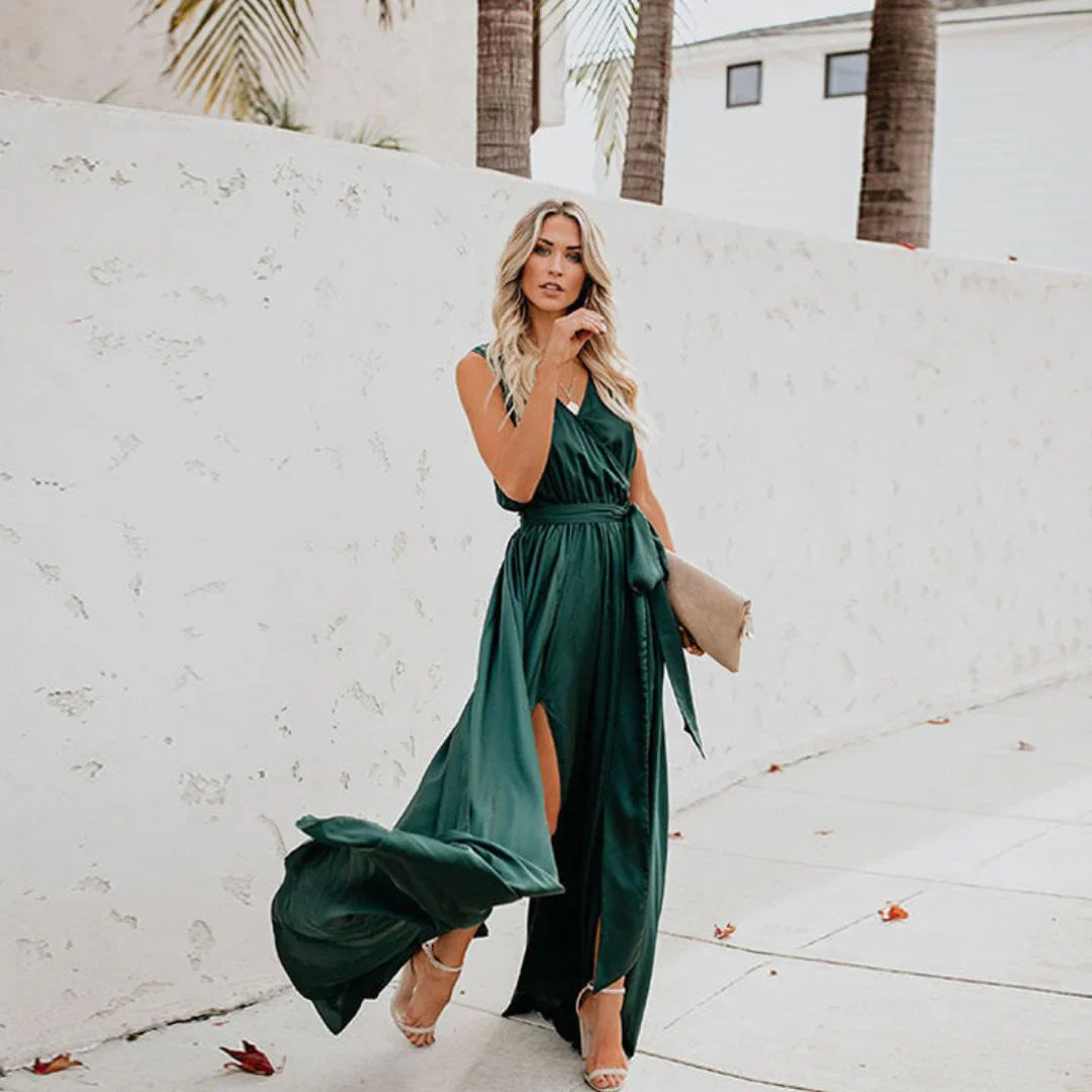 Lotje | Mouwloze Maxi Jurk met Taillelint Groen