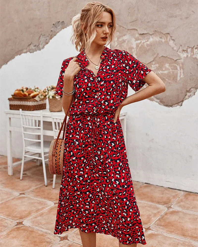 Lotte | Midi Zomerjurk Met Stippenprint Rood