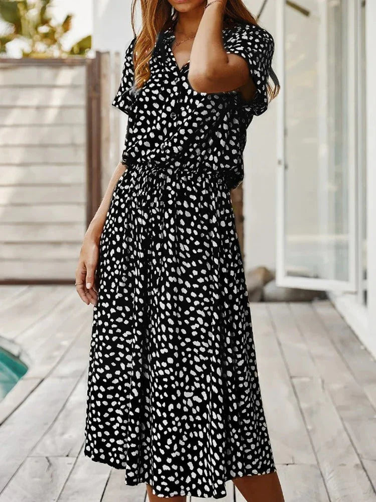 Lotte | Midi Zomerjurk Met Stippenprint Zwart