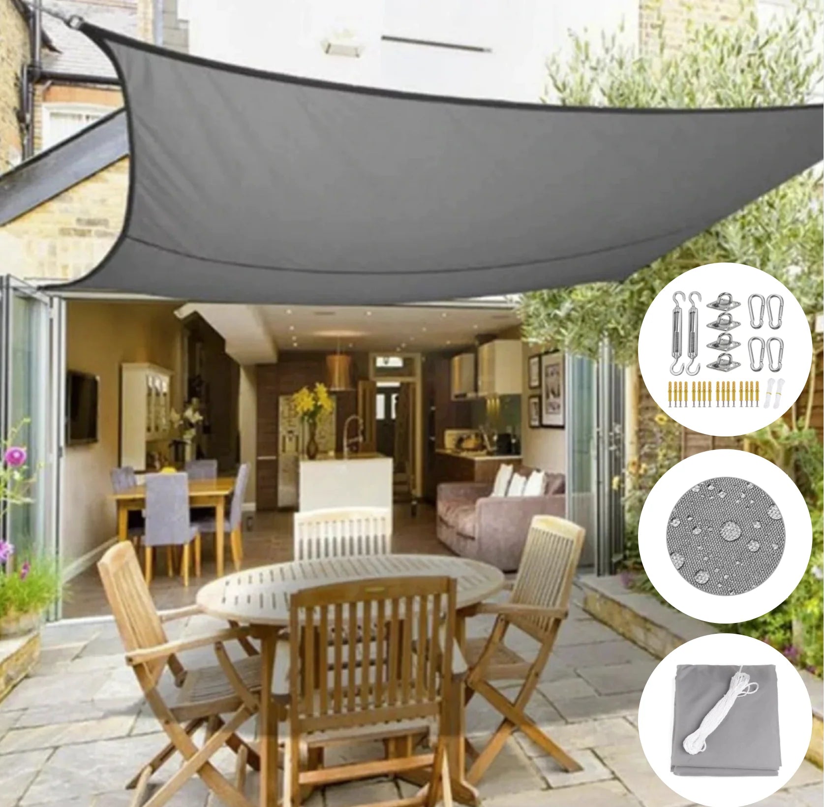 Luxe schaduwdoek waterafstotend en beschermend geïnstalleerd boven terras met tuinmeubelen voor optimale schaduw