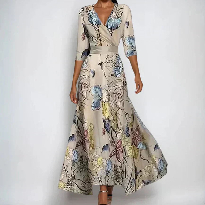 Manou | Maxi Jurk Bloemenprint V-Hals Zand Beige