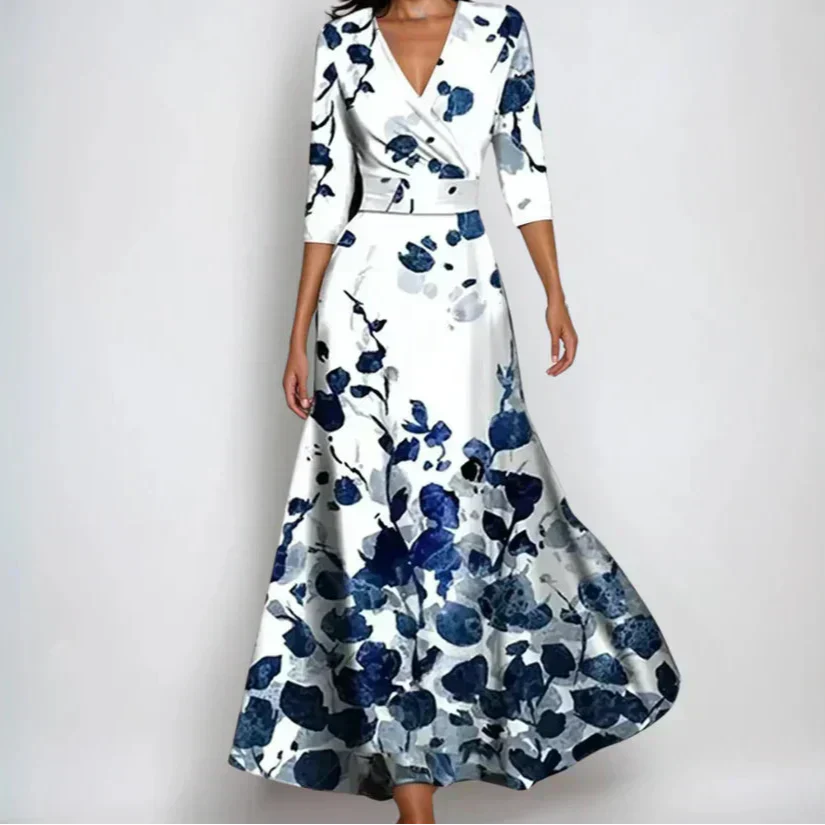 Manou | Maxi Jurk Bloemenprint V-Hals Wit Blauw