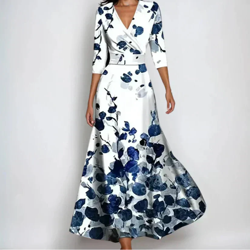 Manou | Maxi Jurk Bloemenprint V-Hals Wit Blauw