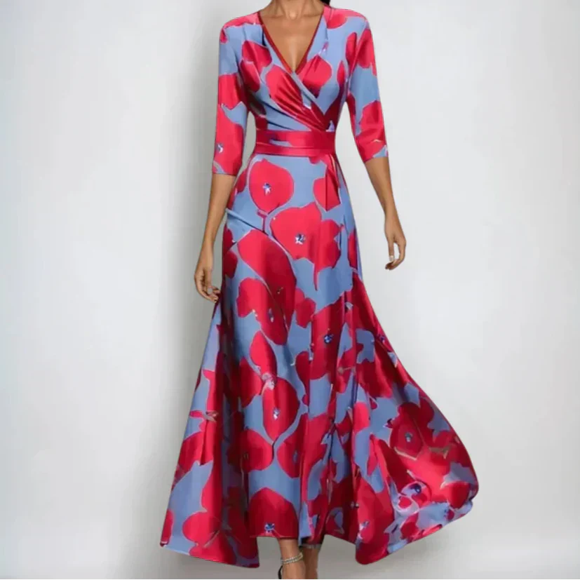Manou | Maxi Jurk Bloemenprint V-Hals Rood Blauw